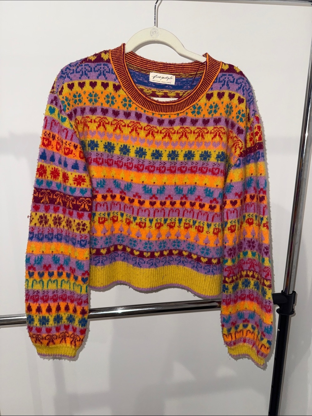 Free People Multicolor Fair Isle Crewneck Sweater with Yellow Trim